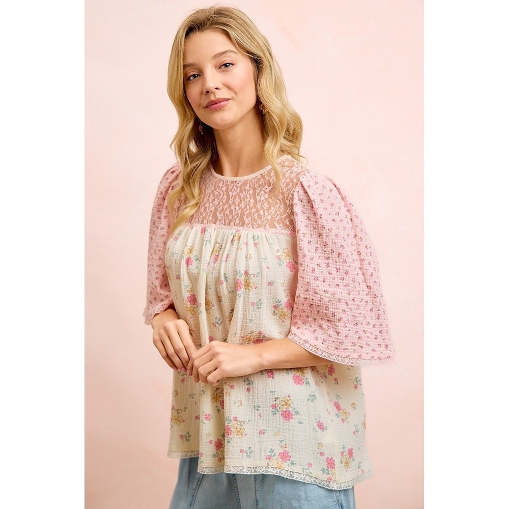 BiBi Crinkle Floral Gauze Mix And Matched Blouse Top - Cream/Pink - Medium - Picture 7 of 11
